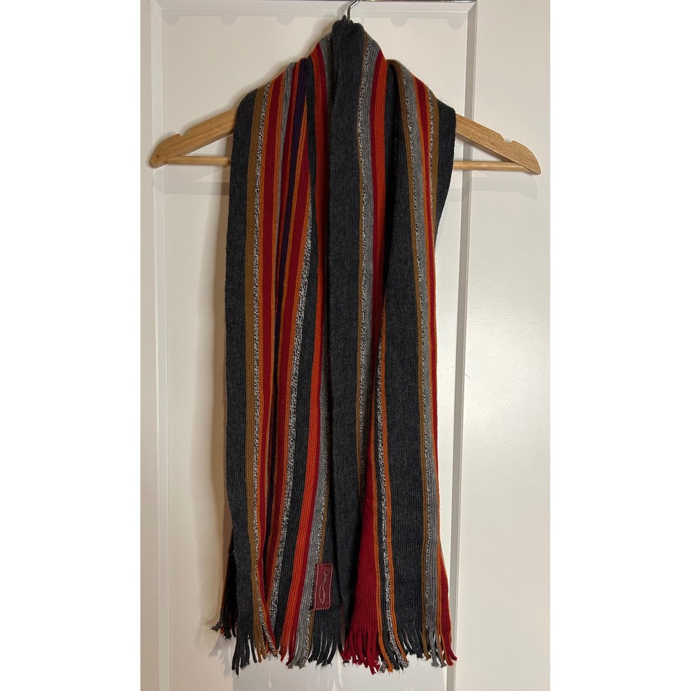 Villa Pure New Wool Striped Scarf Grey Red Orange Fringed Winter Wrap 58in